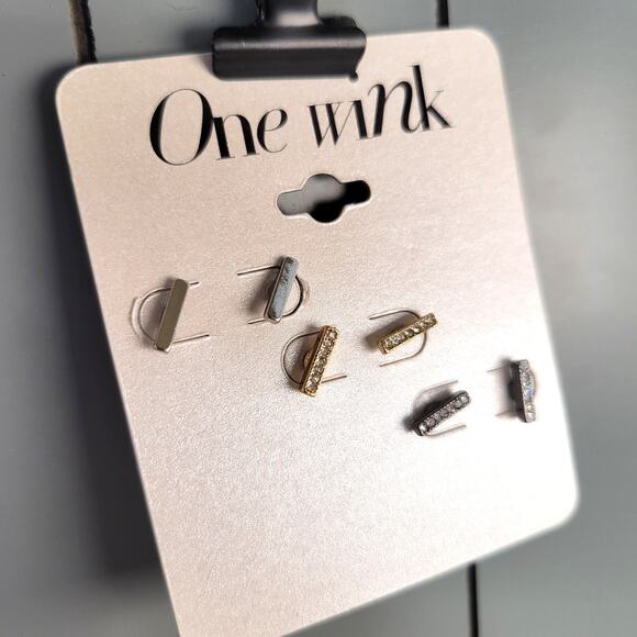One Wink Earring Set of 3 Bar Stud Gold Silver Black Tone Crystal 10mm, Gift Bag - Picture 4 of 7
